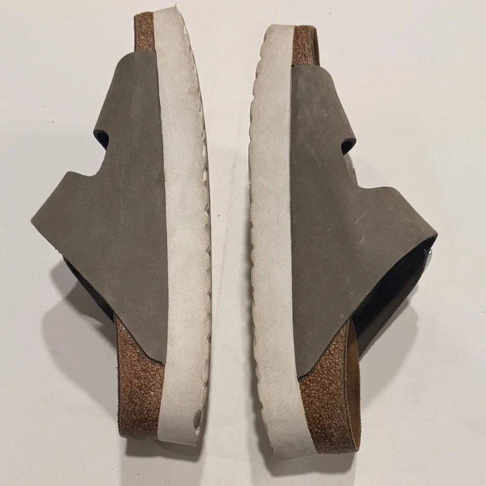 Papillio Taupe Double Strap Sandals with Silver Buckles